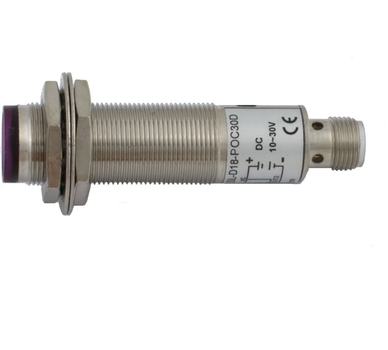 Диффузионный фотодатчик INNOCONT М18x1, зона срабатывания до 30 см, -10 +60 С, 12…24 VDC, IP67, выход: PNP NO + NC, макс. ток 200 мА, время реакции 3 мс, разъем М12 PESL-D18-POC30D (connecto