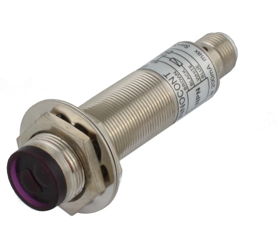 Диффузионный фотодатчик INNOCONT М18x1, зона срабатывания до 30 см, -10 +60 С, 12…24 VDC, IP67, выход: NPN NO + NC, макс. ток 200 мА, время реакции 3 мс, разъем М12 PESL-D18-NOC30D (connecto