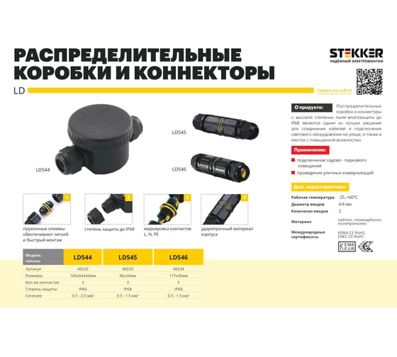 5-контактный соединитель-коннектор STEKKER ld546 с рычажной клеммой, с пружинным контактом, IP68, черный , 49234