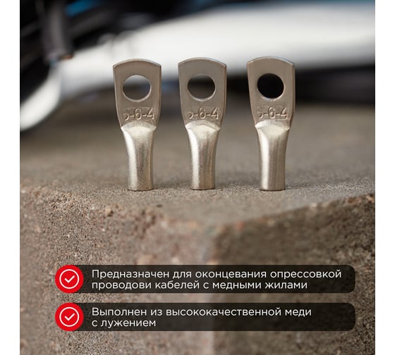 Медный луженый наконечник REXANT ТМЛ 6–6–4 (6мм2 - d6мм) ГОСТ 7386-80, 10 шт. 07-5306