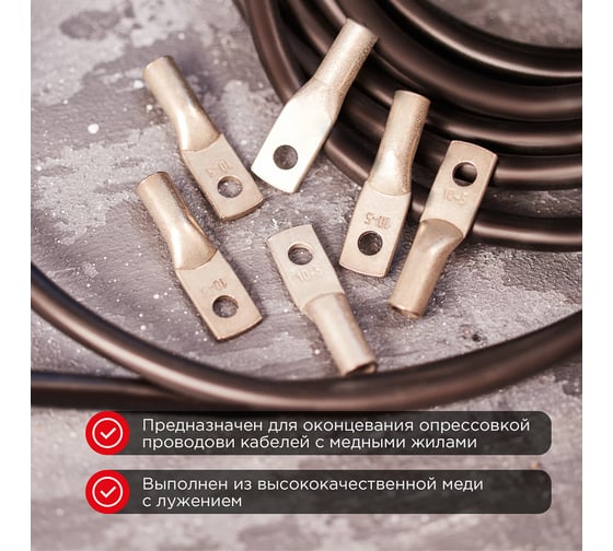 Медный луженый наконечник REXANT ТМЛ 10–5–5 (10мм2 - d 5мм) ГОСТ 7386-80, 5 шт. 07-5307