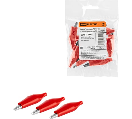 Зажим для проводов (крокодил) TDM ELECTRIC ЗКИ 10А 56мм в изоляции красный, упаковка 10 штук, арт. SQ0541-0005