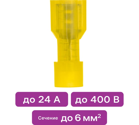 Плоский виброустойчивый разъем duwi, РпИм 6-6.3 (мама), 6мм², термоусадка, желтый, 10шт, 26497 6