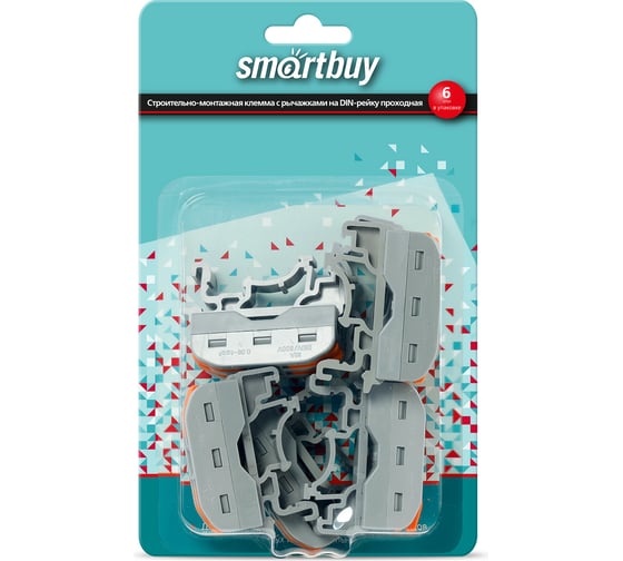 Строительно-монтажная проходная клемма Smartbuy с рычажками, на DIN-рейку, 2п, 6 шт SBE-dincwcc-2-rp 1