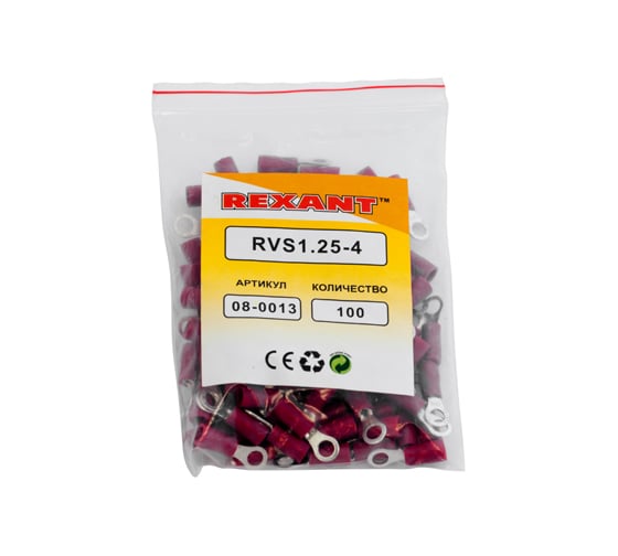 Кольцевой изолированный наконечник REXANT d 4.3 мм 0.5-1.5 мм2 красный 100 шт 08-0013