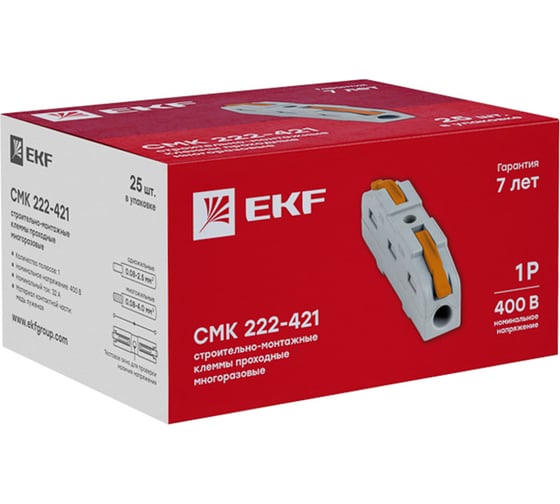 Строительно-монтажная клемма EKF СМК 222-421, проходная, 1 полюс, 0.08-4мм2, 25 шт PROxima plc-smk-421