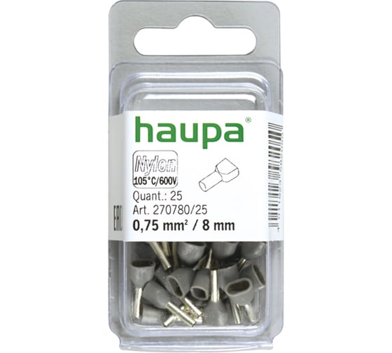 Конечная гильза HAUPA для двух проводов цвет серый 0,75/8 упаковка 25 шт. 270780/25