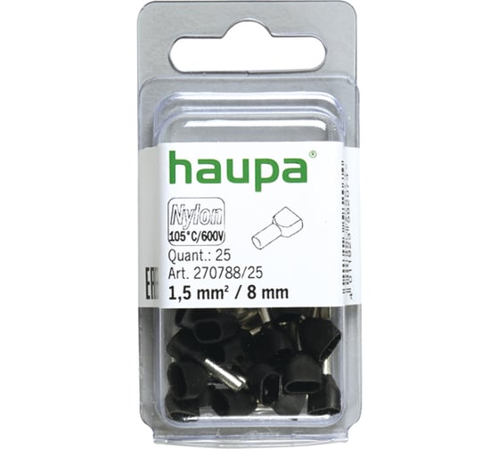 Конечная гильза HAUPA для двух проводов цвет чёрный 1,5/8 упаковка 25 шт. 270788/25