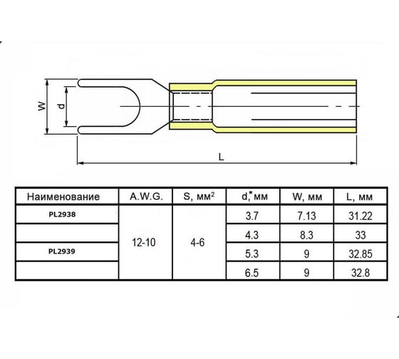 Наконечник кабельный вилочный изолированный Pro Legend 5.5-3.5 HST, 19 А, 12-10 AWG, желтый, латунь луженая PL2938