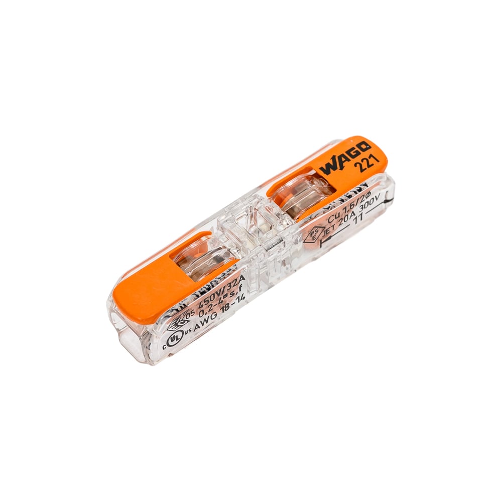 КлеммасоединительдлясращиванияWAGO221-24112-хсторонний,срычагом,1.5-4.0мм,60штук/упаковкаWAGO.221-2411