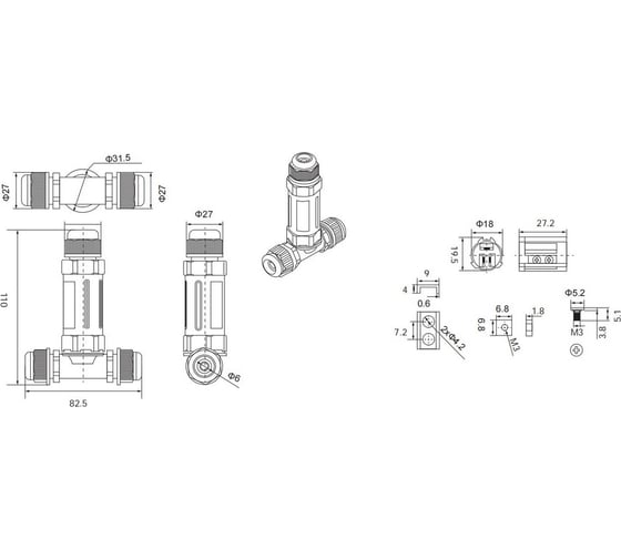 Кабельный коннектор Т-образный HLT (клеммник 3PIN) IP68 (10шт./уп.) 083-07-003