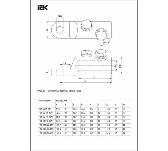 Наконечник болтовой луженый IEK НБЛ 185-400-16/3, 7шт UNB11-185-400-03-35