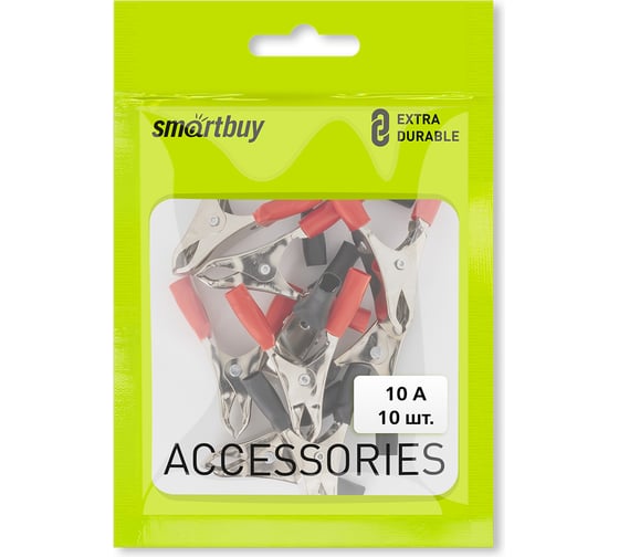 Зажим крокодил SMARTBUY красный+черный 10А 50 мм в изоляторе 10 шт SBT-KCL1050