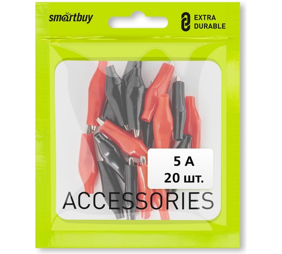 Зажим крокодил SMARTBUY красный+черный 5А 40 мм в изоляторе 20 шт SBT-KCL540