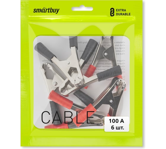 Зажим крокодил SMARTBUY красный+черный 100А 105 мм в изоляторе 6 шт SBT-KCL100105