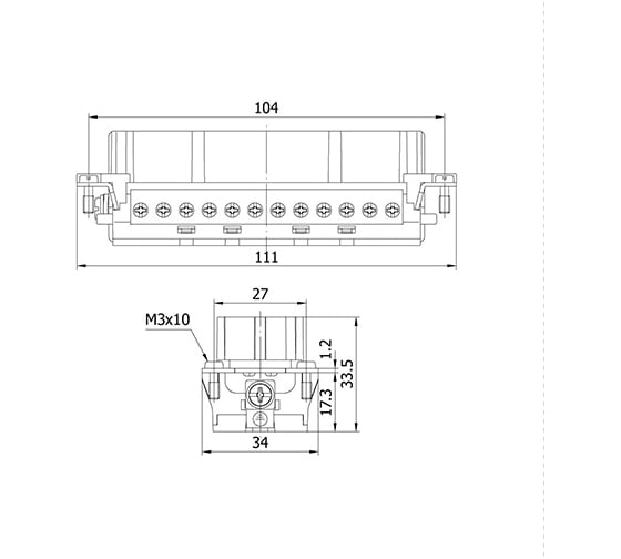 Розетка (гнездовая вставка) Klemsan 48 контактов (25-48) + заземление, 16А, 400V, 6kV, винтовое соединение 1-2.5 мм2, прямой ввод ПБТ, контакты - посеребренная латунь 29028