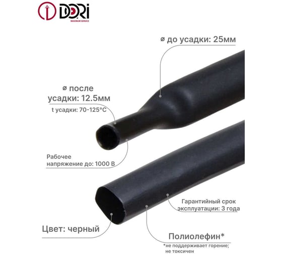 Термоусаживаемая трубка DORI ТУТ 25/12,5 ролл 3м, черная, шт 51125