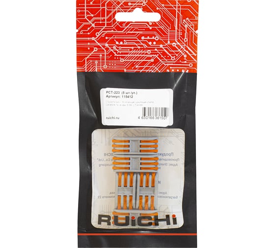 Клеммник RUICHI зажимная проходная PCT типа 6-контактная 3-проводная PCT-223, 24 А, PA66, упаковка 5 шт. 115412