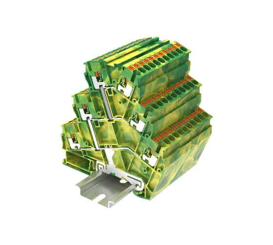 Клемма SUPU TP земля, 3-уровневая, угловая, с уравниванием потенциала, Push-in, сечение 2,5 мм. кв., желто-зеленая 25 шт TPTS2.5-2-PE 1