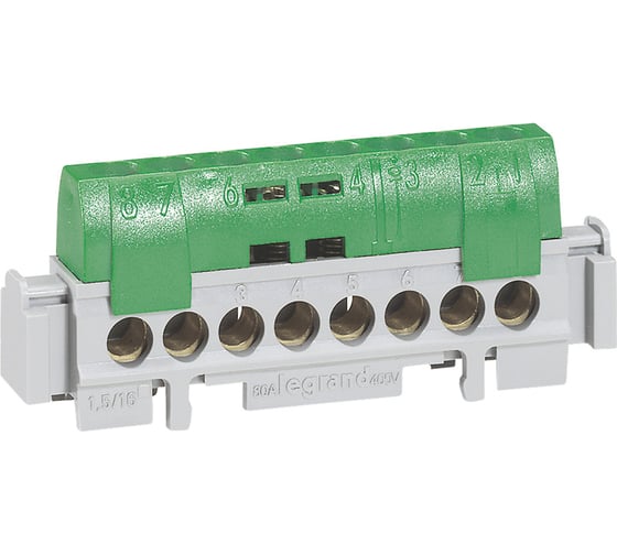 Клеммная колодка Legrand IP 2X - земля - зеленая - 8x1,5-16 мм2 - длина 75 мм 004832 1