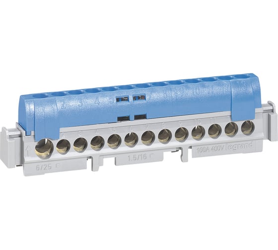 Клеммная колодка Legrand IP 2X нейтраль 1x6-25 мм2 12x1,5-16 мм2 длина 113 мм 004844