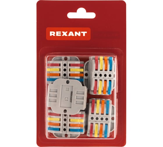Клемма REXANT проходная СМК, 4 полюса, с монтажной площадкой 0,08-4 мм2, серая, 5 шт. 07-6264-5