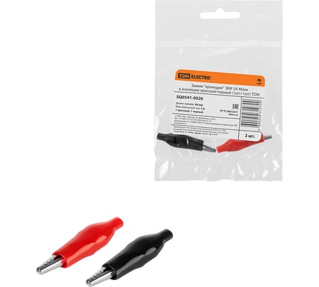 Зажим крокодил TDM ELECTRIC ЗКИ 5А, 46мм, в изоляции, красный/черный (1шт+1шт) SQ0541-0026