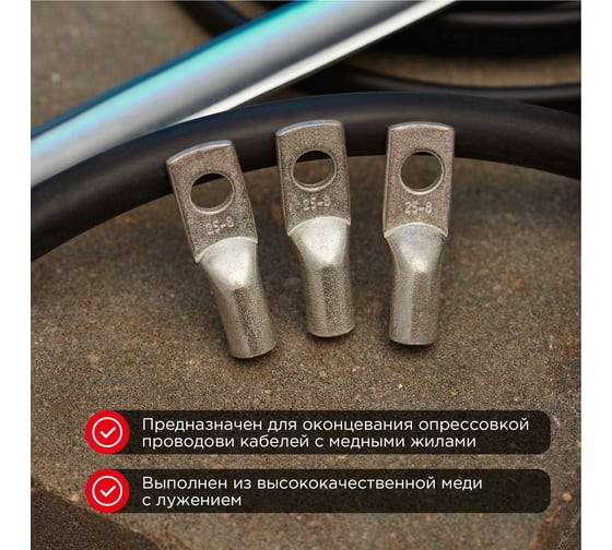 Медный луженый наконечник REXANT ТМЛ 25–8–7 (25мм2 - d8мм) ГОСТ 7386-80, 10 шт. 07-5313-3