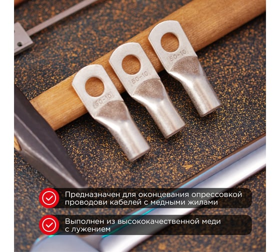 Медный луженый наконечник REXANT ТМЛ-Р 50–10 (50мм2 - d10мм), 50 шт. 07-5323-6