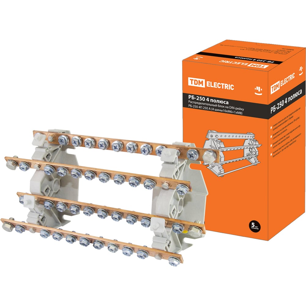 Распределительный блок TDM на DIN-рейку РБ-250 4П 250 А, 4 шины 10xM6+1хM8  SQ0823-0009 - выгодная цена, отзывы, характеристики, фото - купить в Москве  и РФ