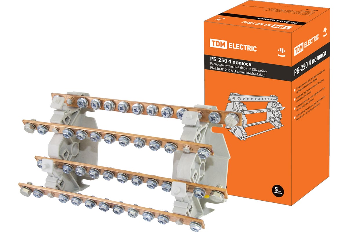 Распределительный блок TDM на DIN-рейку РБ-250 4П 250 А, 4 шины 10xM6+1хM8  SQ0823-0009 - выгодная цена, отзывы, характеристики, фото - купить в Москве  и РФ