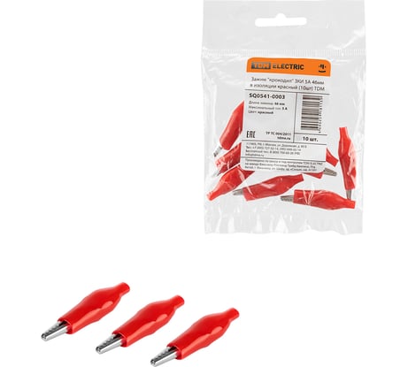 Зажим для проводов (крокодил) TDM ELECTRIC ЗКИ 5А 46мм в изоляции красный, упаковка 10 штук, арт. SQ0541-0003