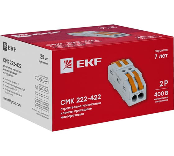 Строительно-монтажная проходная клемма EKF СМК 222-422 2 полюса 0,08-4мм2 (25шт.) proxima plc-smk-422