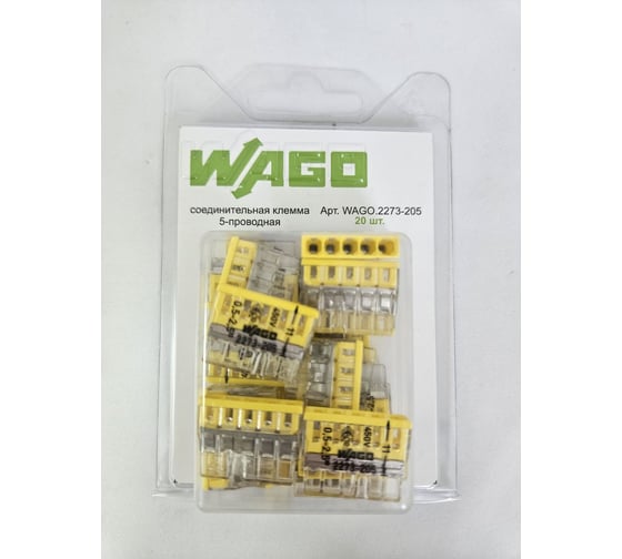Соединительная клемма для быстрого монтажа WAGO 2273-205 5-ти проводная, 0,5-2,5 кв.мм, 450В, 24А, без пасты, 20шт 2536 1