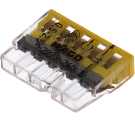 Соединительная клемма для быстрого монтажа WAGO 2273-245 5-ти проводная, 0,5-2,5 кв.мм, 450В, 24А, с пастой, 20шт 2543