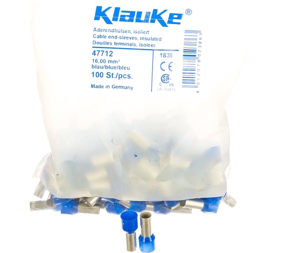Втулочный наконечник Klauke 16мм2, 12мм цвет по DIN46228ч.4 - голубой klk47712