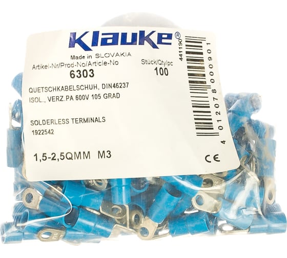 Кольцевой наконечник Klauke 1,5-2,5мм2 под винт М3 синий klk6303