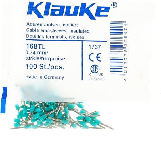 Втулочный наконечник Klauke 0,34мм2, 8мм цв. ряд 1, цвет бирюзовый klk168TL