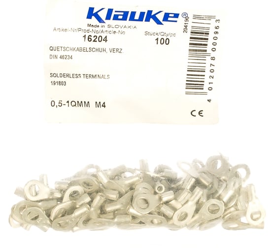 Кольцевой наконечник из листовой меди Klauke 0,5-1мм2 под винт М4 klk16204