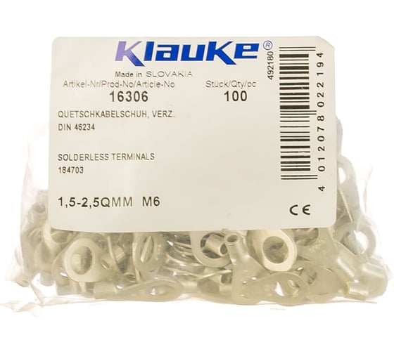 Кольцевой наконечник из листовой меди Klauke 1.5-2.5 мм2 под винт М6 klk16306 1