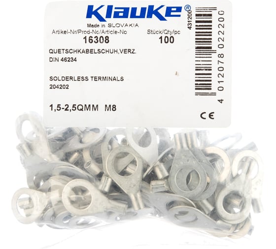 Кольцевой наконечник из листовой меди Klauke 1.5-2.5 мм2 под винт М8 klk16308