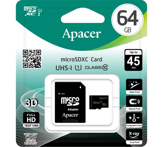 Карта памяти Apacer Micro SD 64 Gb Class 10 High Capacity UHSI adapter Б0030970