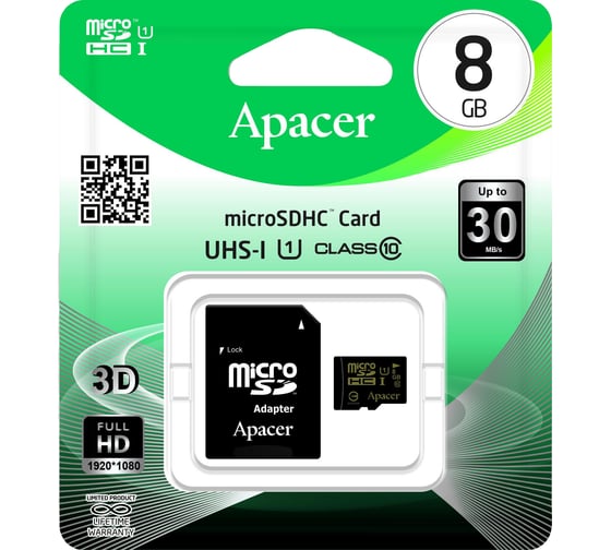 Карта памяти Apacer Micro SD 8 Gb Class 10 UHSI adapter Б0030959
