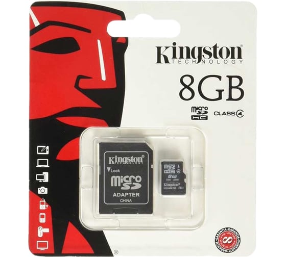 Карта памяти Kingston Micro SDHC 8 Gb Class 4 adapter C0027919