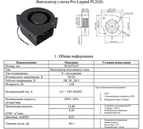 Вентилятор-улитка Pro Legend 95,5x95x33 мм, 1500 об.мин., 24 В PL2626