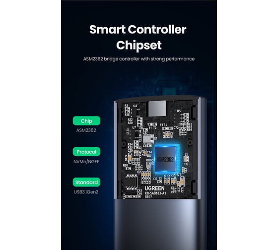 Бокс внешний для жесткого диска Ugreen CM400 (10902) USB-C Female to M.2 M-Key 10G Enclosure с кабелем USB C3.1 GEN2 to USB C 3.1 GEN2. Длина кабеля: 50 см. Цвет: серый 10902_