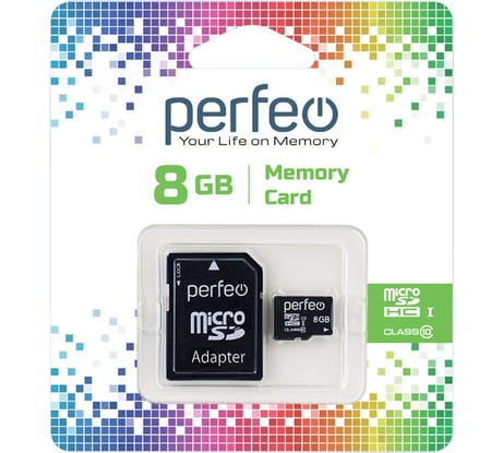Карта памяти Perfeo microSD, 8GB, Class 10, с адаптером 30007693