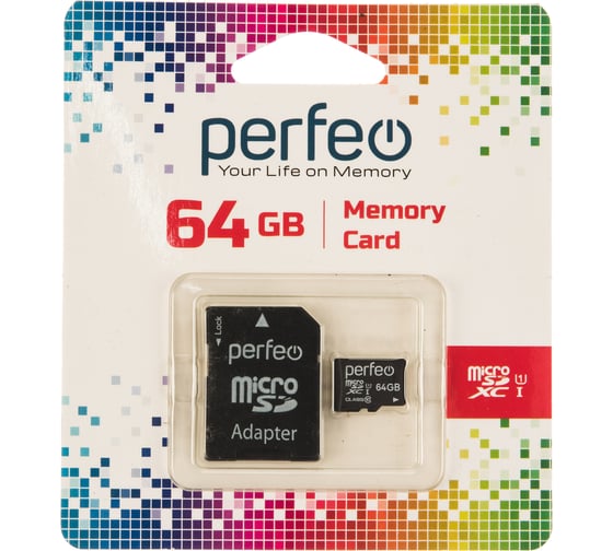 Карта памяти Perfeo microSDXC, 64GB, Class 10, UHS-1, с адаптером 30007698