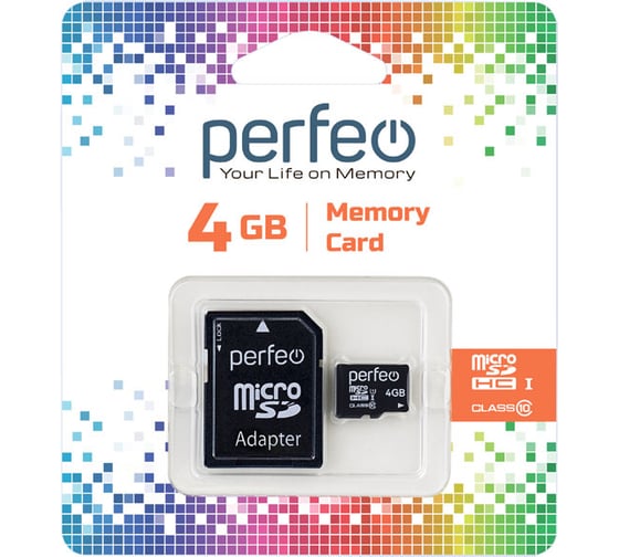 Карта памяти Perfeo microSD, 4GB, Class 10, с адаптером 30008004