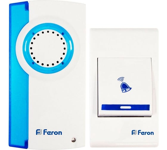 Звонок FERON E-221 кнопка, IP20, 32 мелодии, 21,5V/АА, белый, синий 23677 1